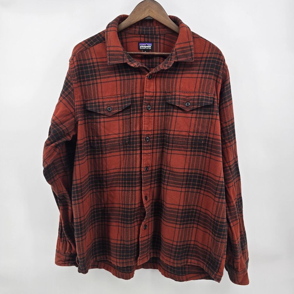 Patagonia Fjord Flannel Button Up Shirt Mens Sz XL Orange Organic Cotton Heavy
